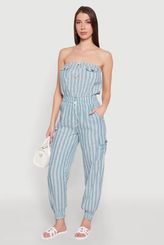 Stylish Striped Utility Jumpsuit with Drawstring Waist sold by Rainbow