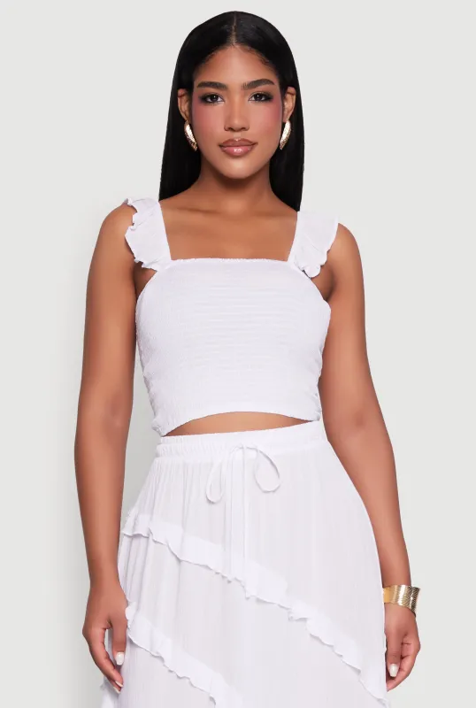 Chic Gauze Knit Ruffle Strap Crop Top with Square Neck sold by Rainbow