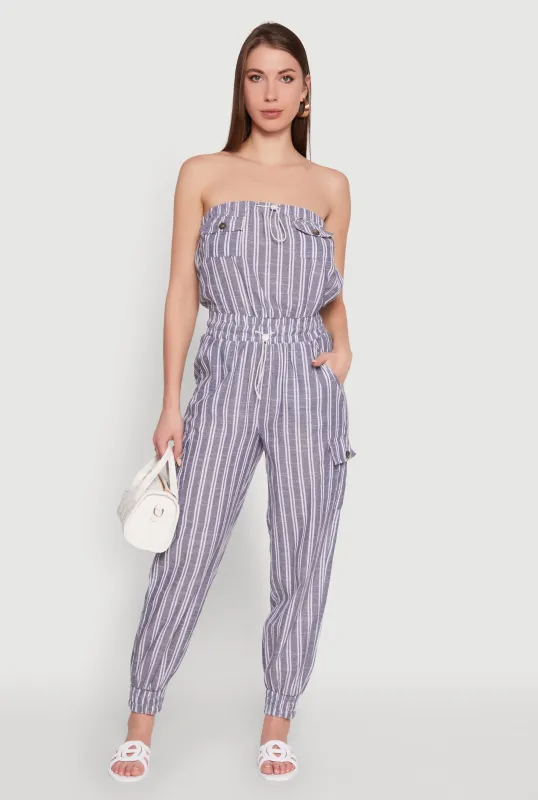 Stylish Striped Utility Jumpsuit with Drawstring Waist sold by Rainbow