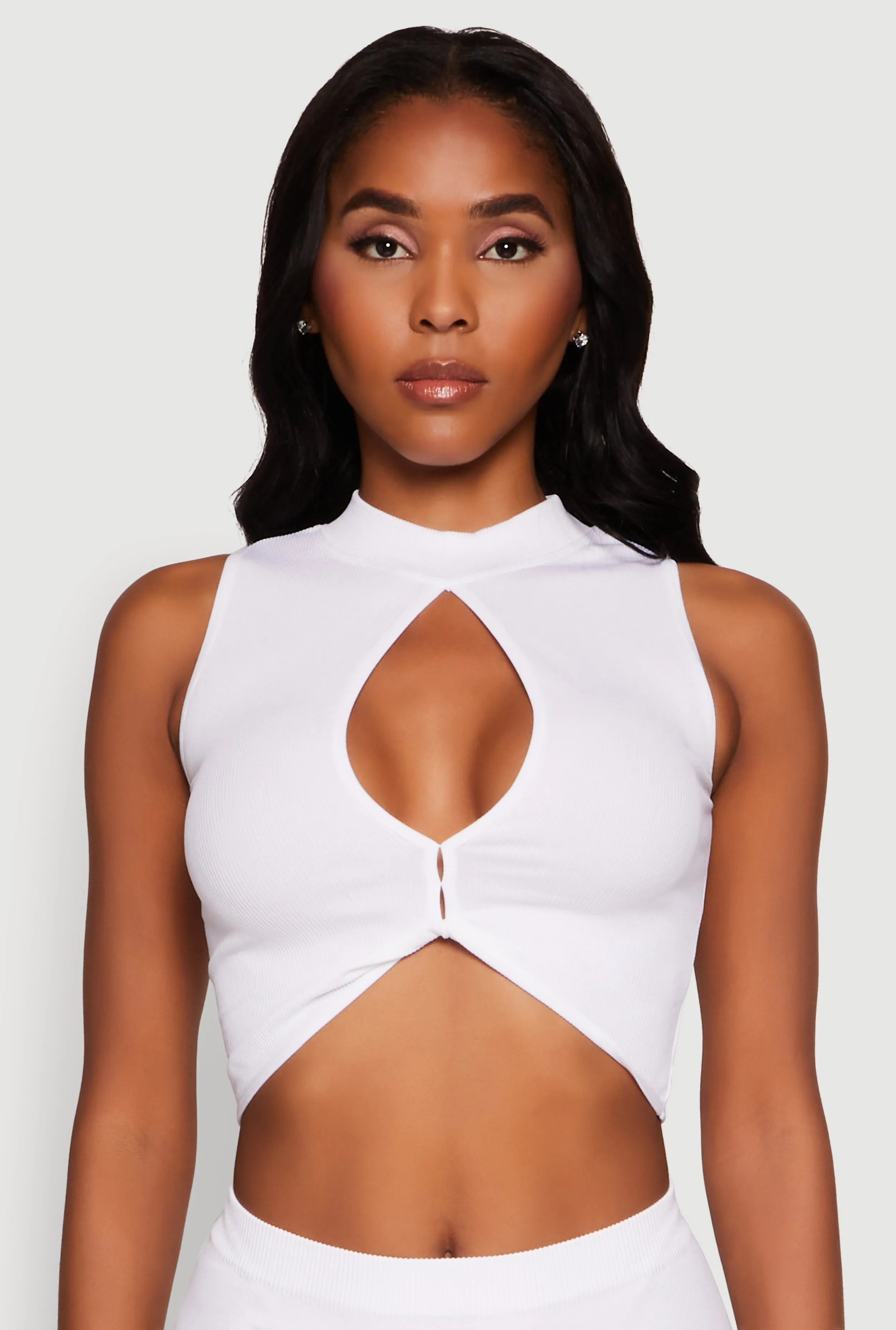 Chic Rib Knit Mock Neck Twist Front Crop Top sold by Rainbow