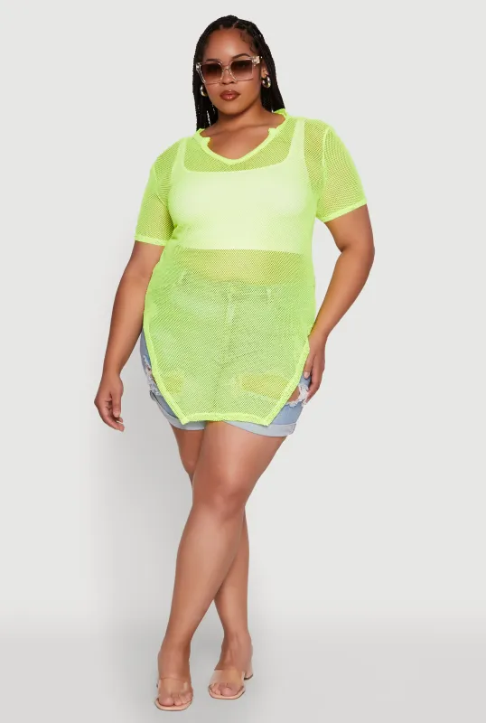Plus Size Stylish Fishnet Hanky Hem Blouse sold by Rainbow
