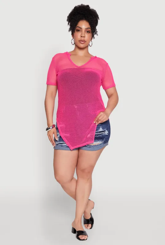 Plus Size Stylish Fishnet Hanky Hem Blouse sold by Rainbow