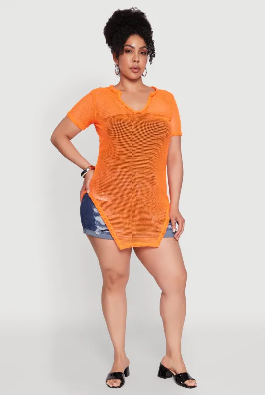 Plus Size Stylish Fishnet Hanky Hem Blouse sold by Rainbow