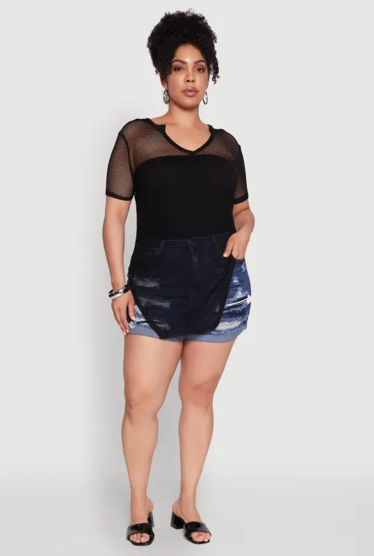 Plus Size Stylish Fishnet Hanky Hem Blouse sold by Rainbow