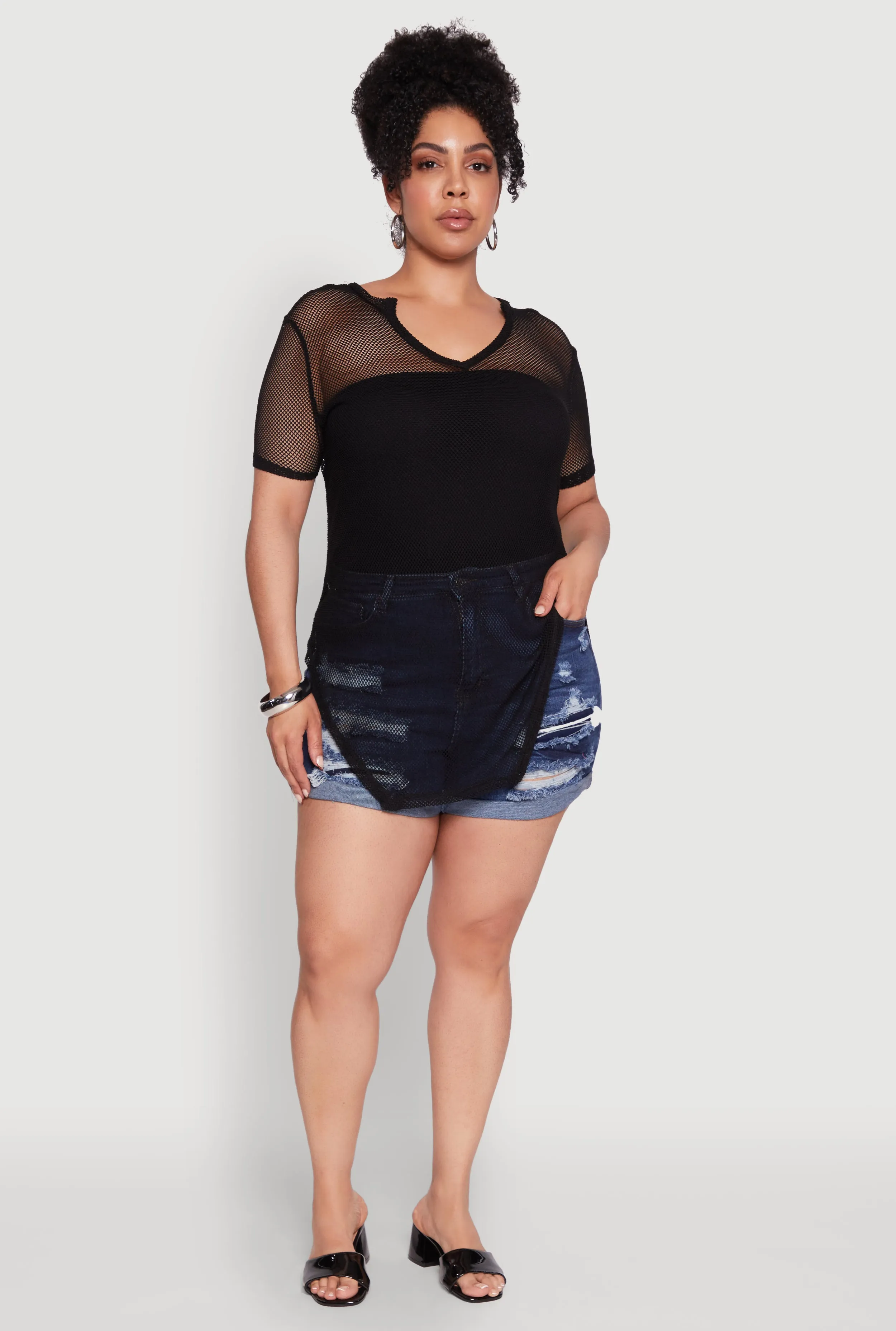 Plus Size Stylish Fishnet Hanky Hem Blouse sold by Rainbow