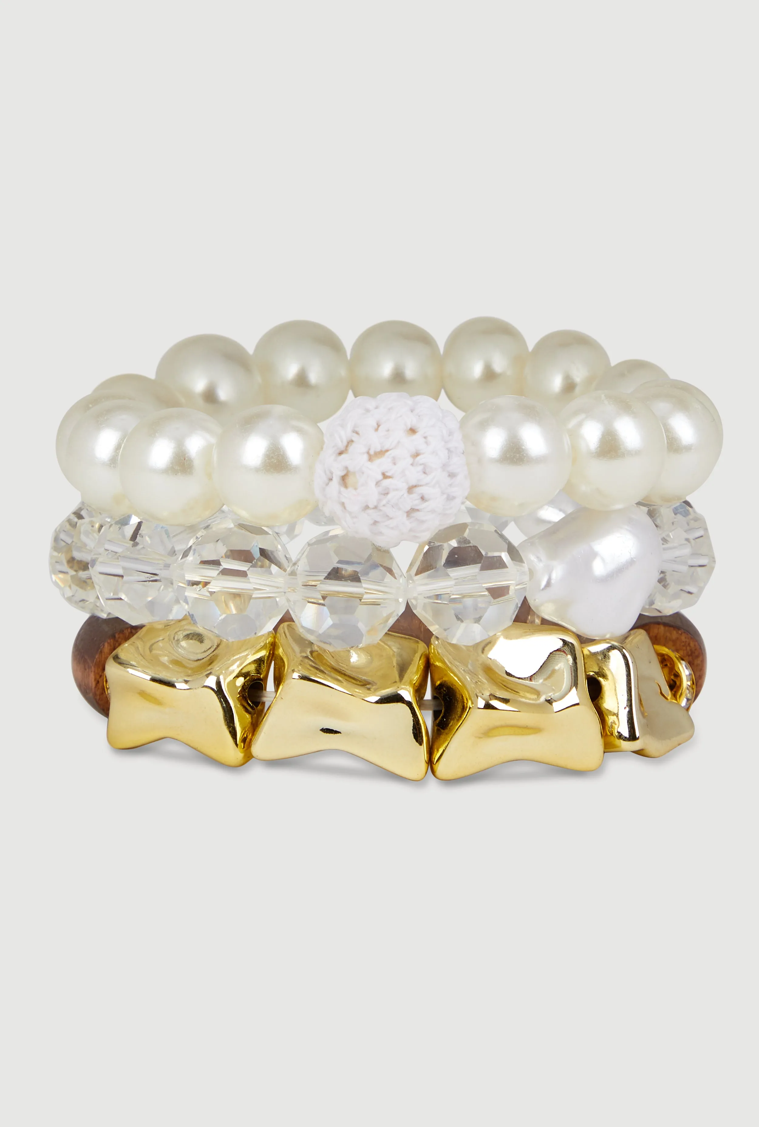 Metallic Charm and Faux Pearl Beaded Stretch Bracelet Trio sold by Rainbow