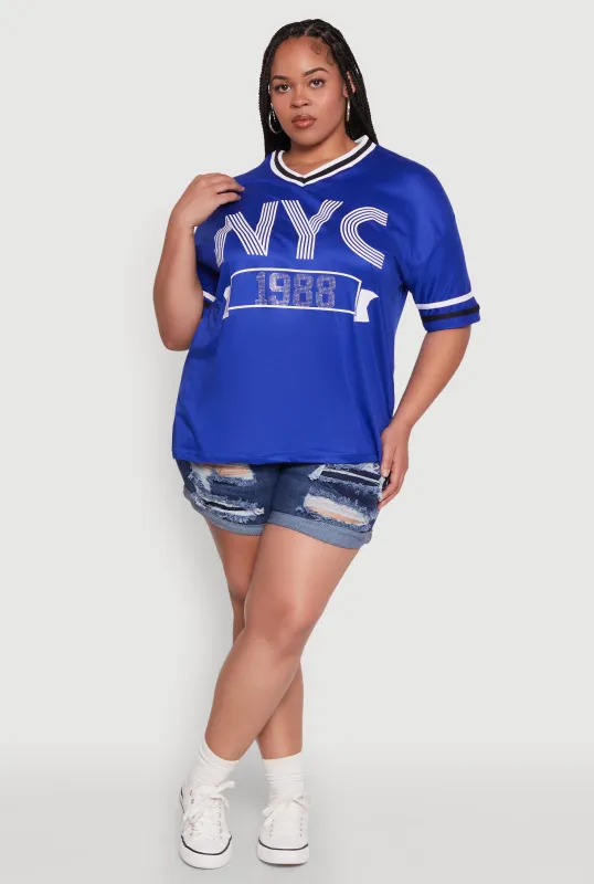 Plus Size NYC 1988 Rhinestone Varsity Stripe V Neck T Shirt sold by Rainbow