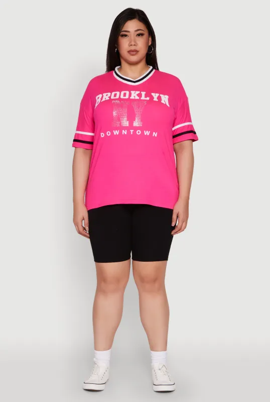 Plus Size Brooklyn NY Downtown Rhinestone Varsity Stripe V Neck T Shirt sold by Rainbow