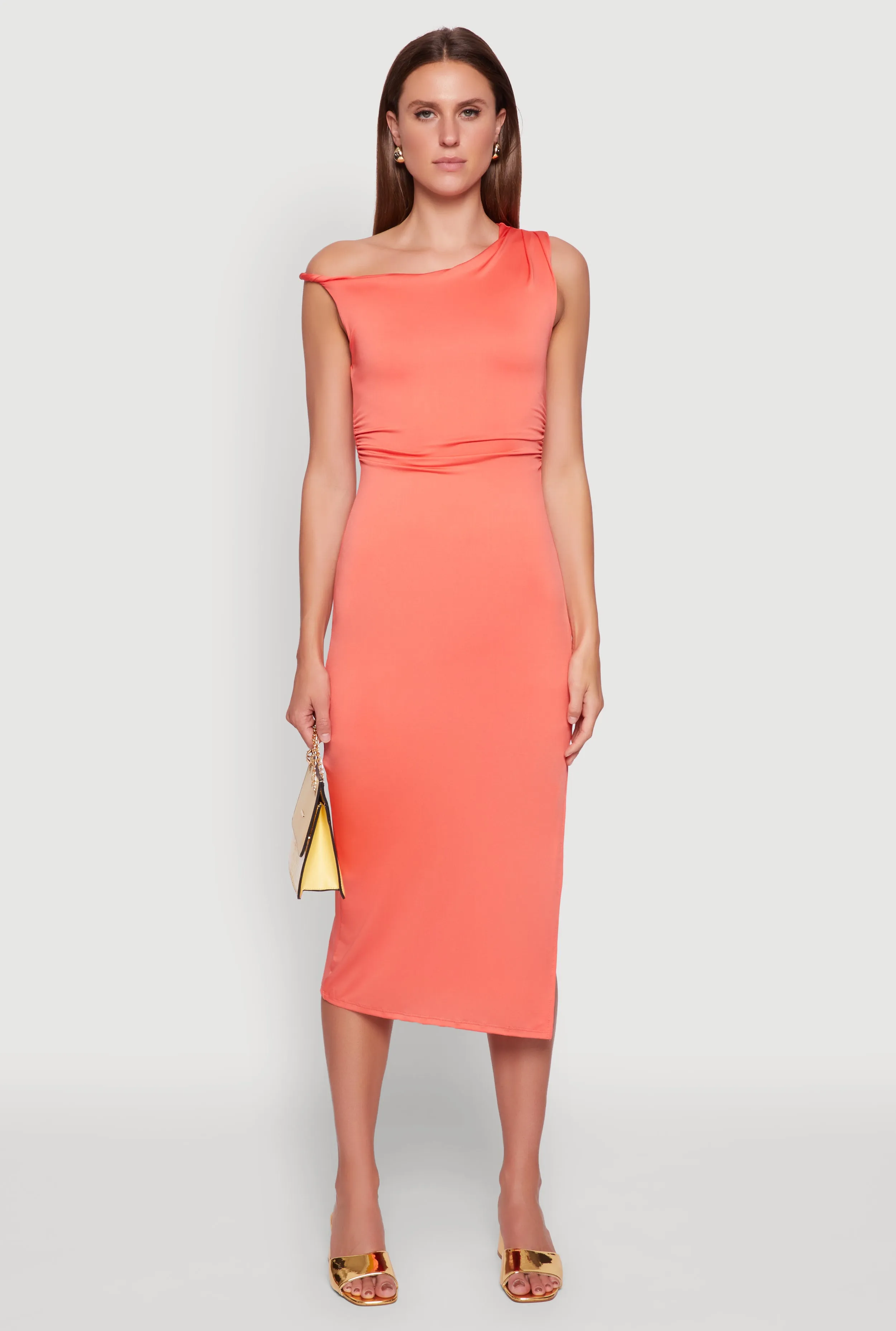 Asymmetrical Neckline Ruched Bodycon Dress with Side Slit sold by Rainbow product image thumbnail 2