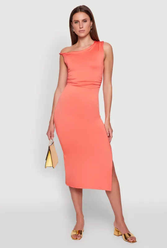 Asymmetrical Neckline Ruched Bodycon Dress with Side Slit sold by Rainbow