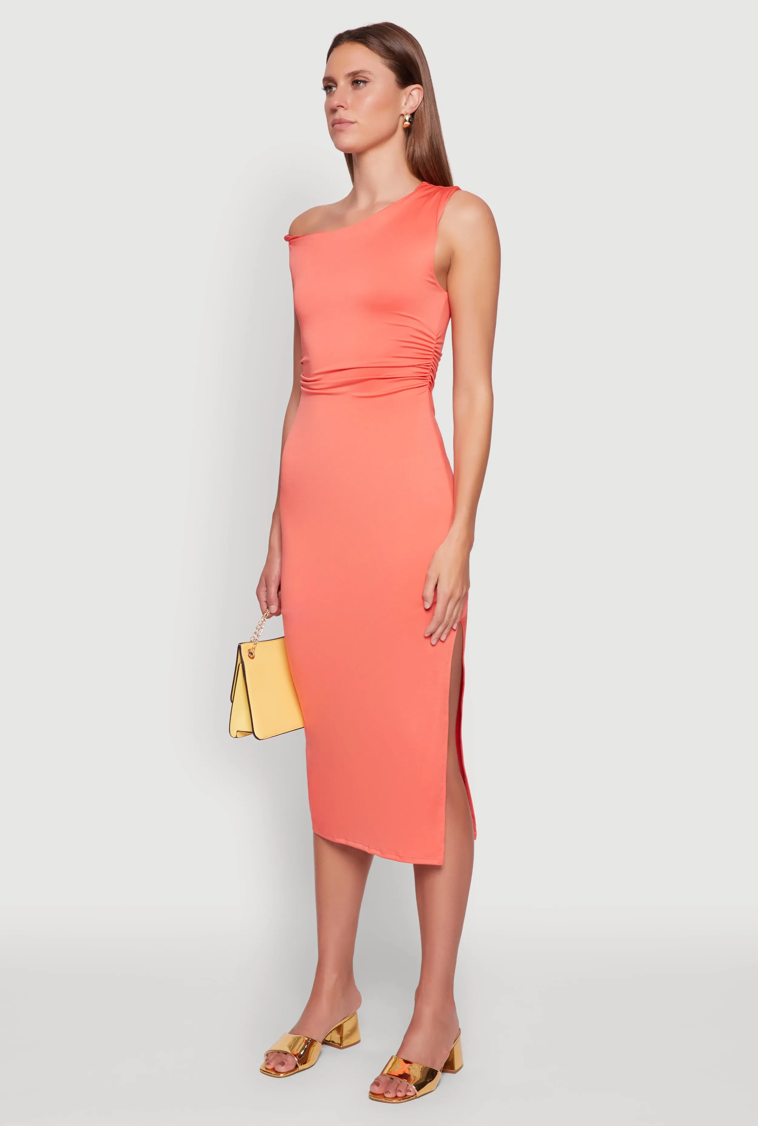 Asymmetrical Neckline Ruched Bodycon Dress with Side Slit sold by Rainbow product image thumbnail 3