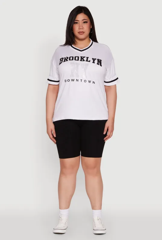 Plus Size Brooklyn NY Downtown Rhinestone Varsity Stripe V Neck T Shirt sold by Rainbow