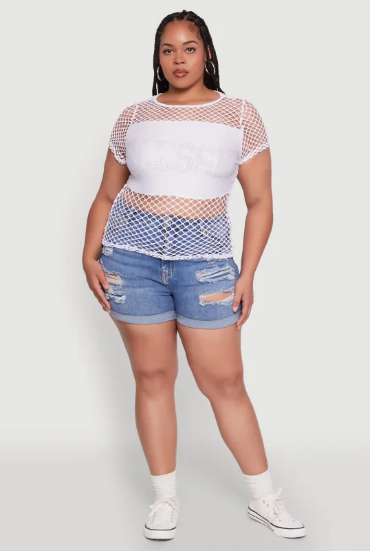 Plus Size Blessed Rhinestone Fishnet Top with Crew Neck sold by Rainbow