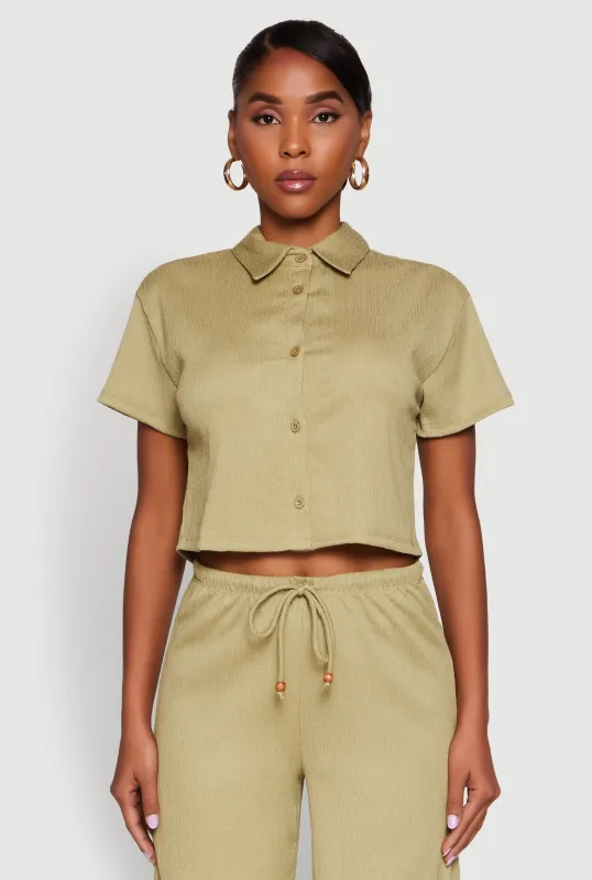 Haute Monde Textured Knit Button Front Cropped Shirt sold by Rainbow
