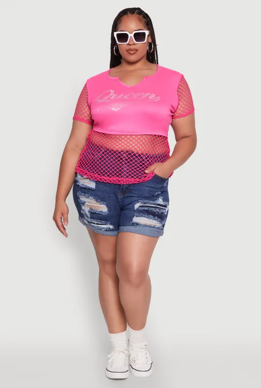 Plus Size Queen Graphic Top with Fishnet Detail and Rhinestones sold by Rainbow