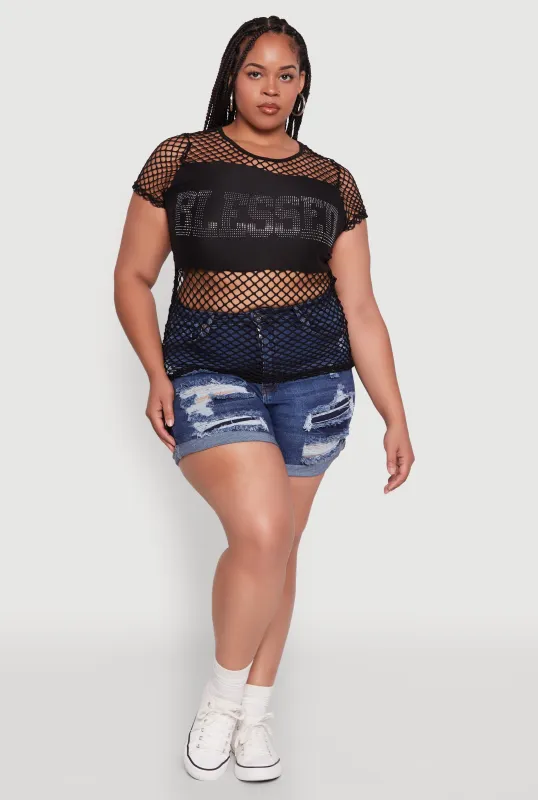 Plus Size Blessed Rhinestone Fishnet Top with Crew Neck sold by Rainbow