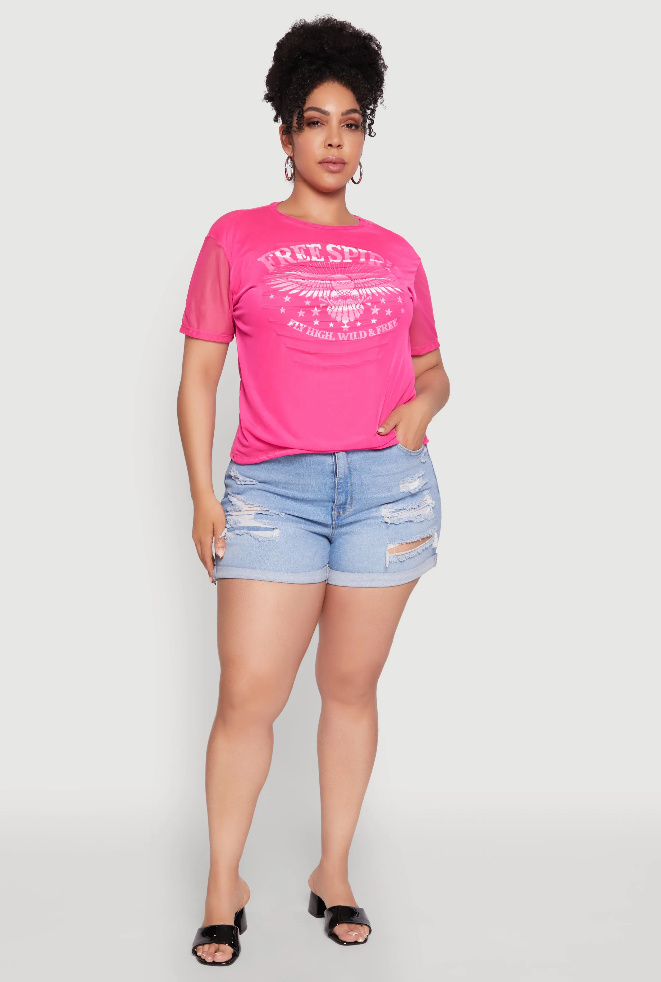 Plus Size Free Spirit Graphic Mesh Top sold by Rainbow