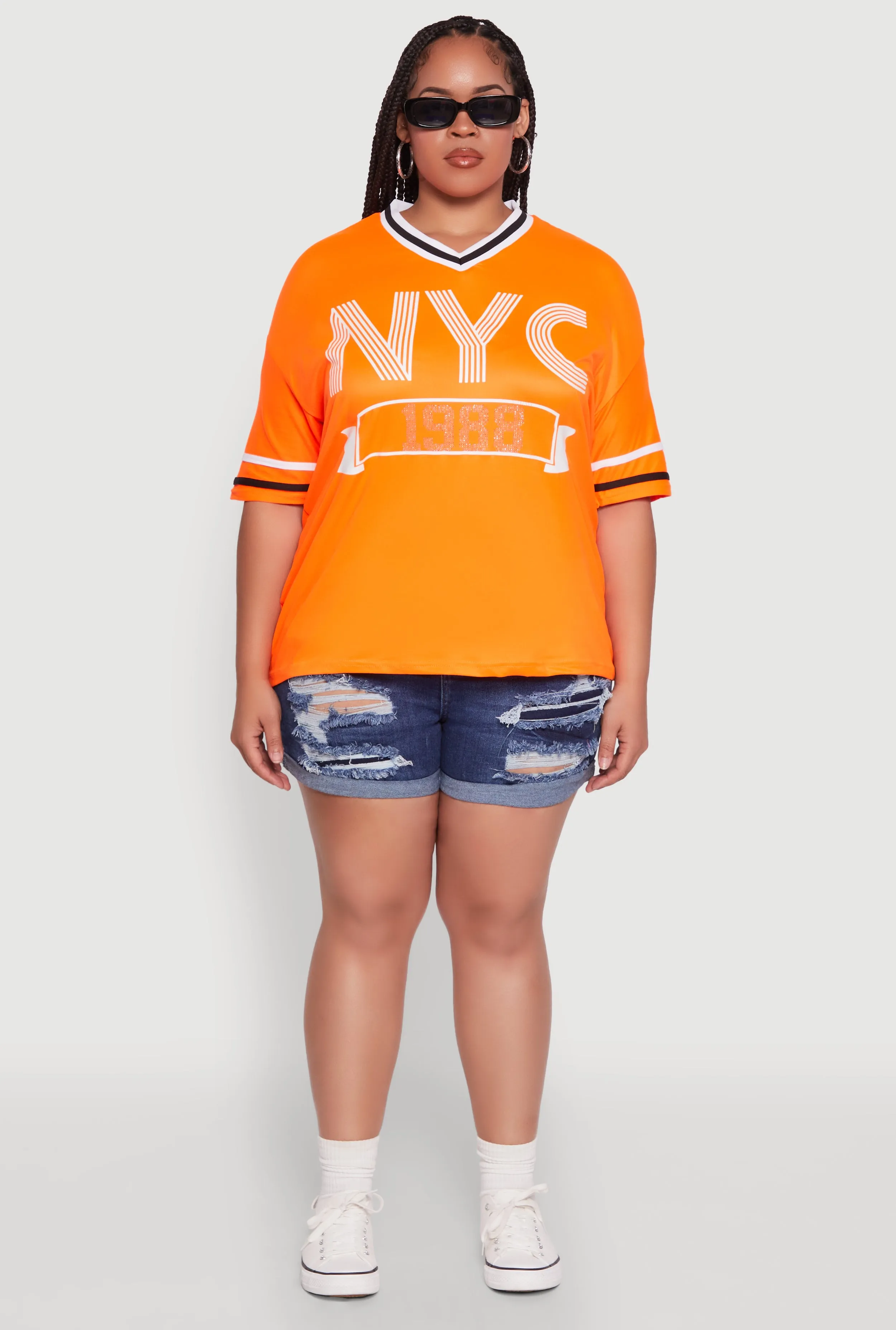 Plus Size NYC 1988 Rhinestone Varsity Stripe V Neck T Shirt sold by Rainbow product image thumbnail 3