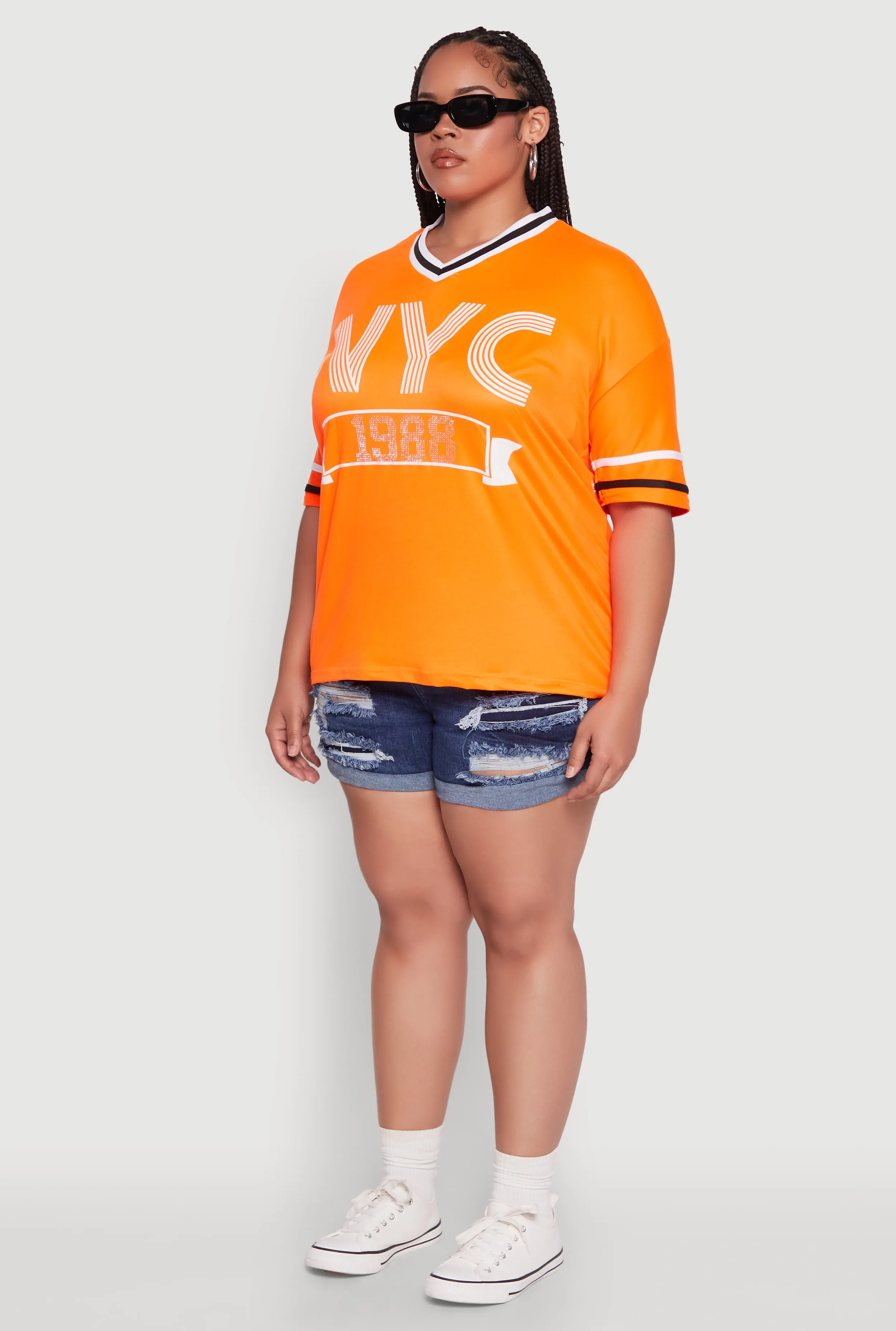 Plus Size NYC 1988 Rhinestone Varsity Stripe V Neck T Shirt sold by Rainbow product image thumbnail 5