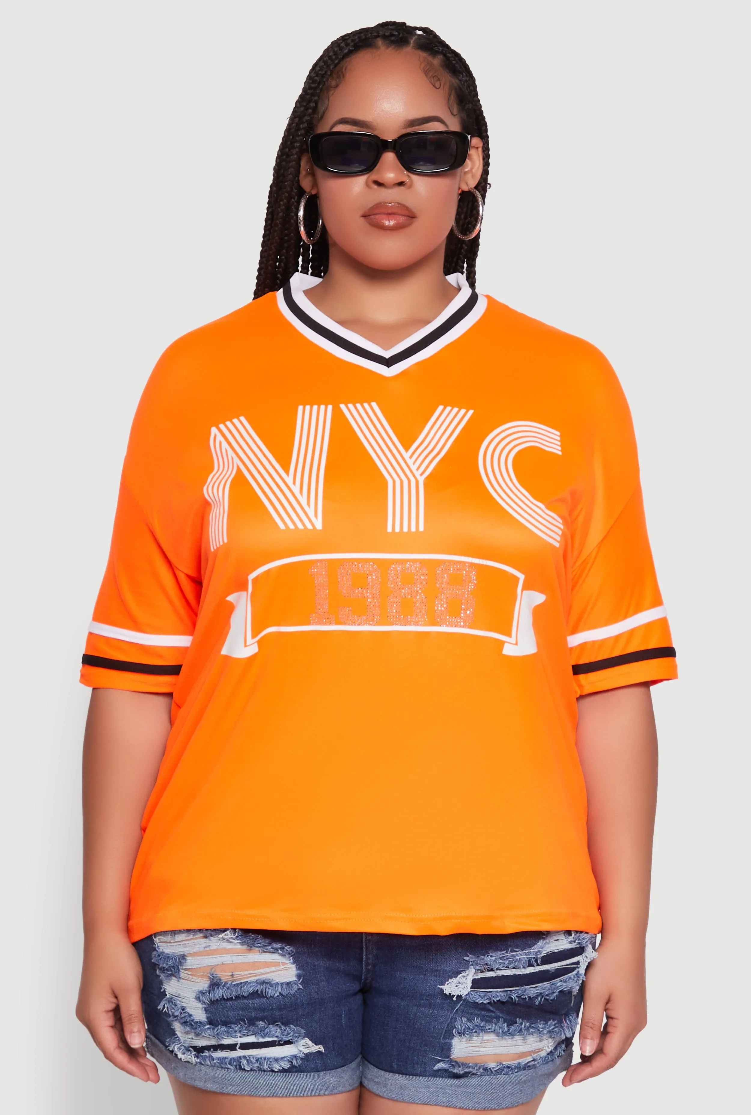 Plus Size NYC 1988 Rhinestone Varsity Stripe V Neck T Shirt sold by Rainbow product image thumbnail 2