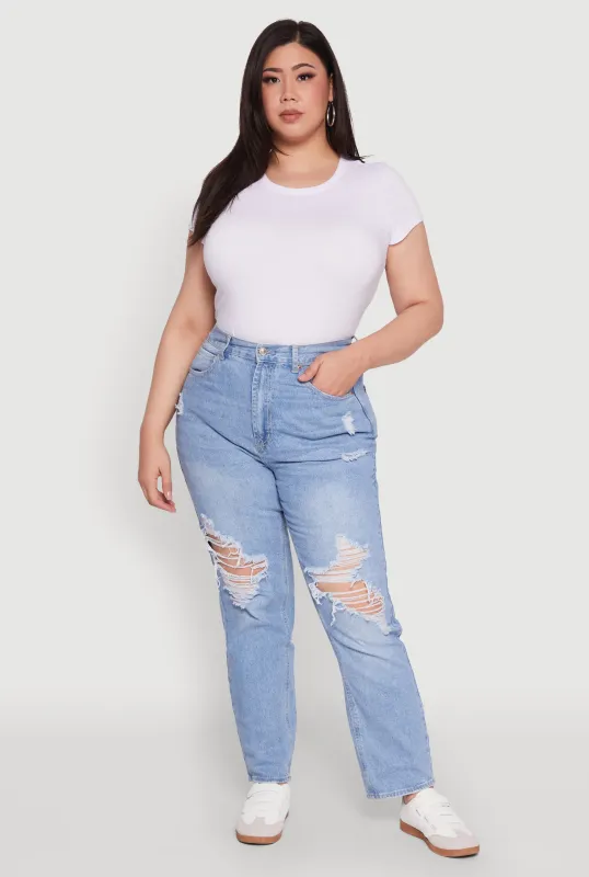 Plus Size WAX Distressed High Waisted Straight Leg Jeans sold by Rainbow