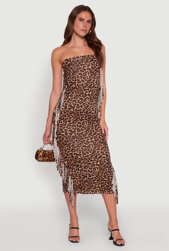 Trendy Leopard Print Fringe Side Tube Dress sold by Rainbow