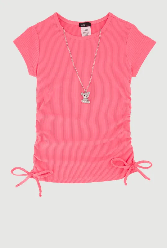 Girls Trendy Rib Knit Tee with Bear Chain Necklace sold by Rainbow