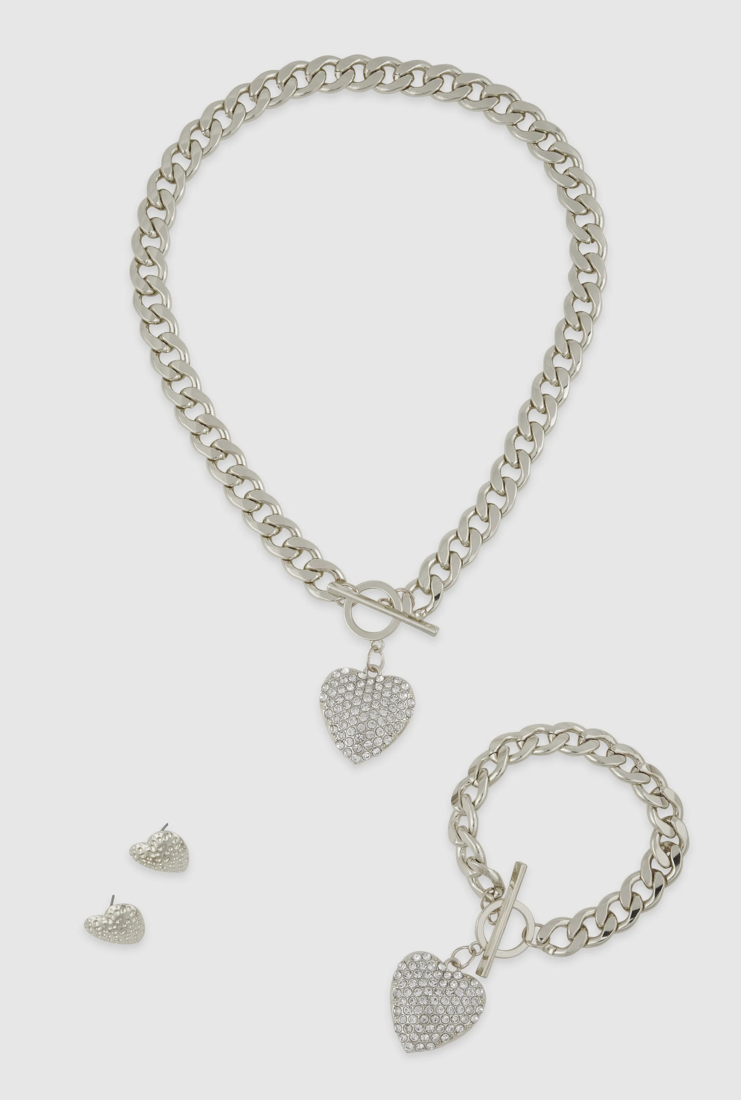 Heart Pendant Toggle Closure Necklace and Bracelet with Stud Earrings sold by Rainbow