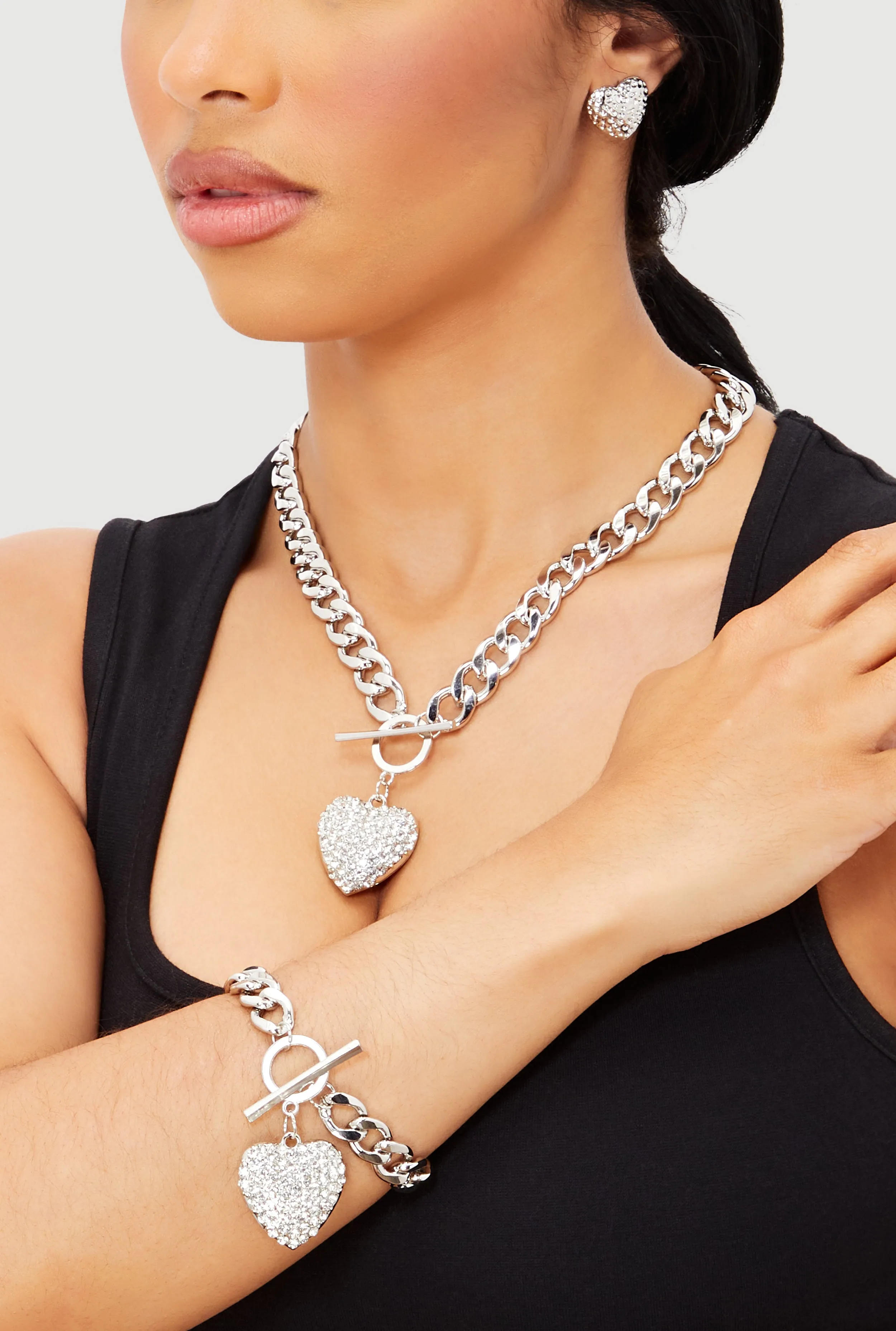 Heart Pendant Toggle Closure Necklace and Bracelet with Stud Earrings sold by Rainbow product image thumbnail 2