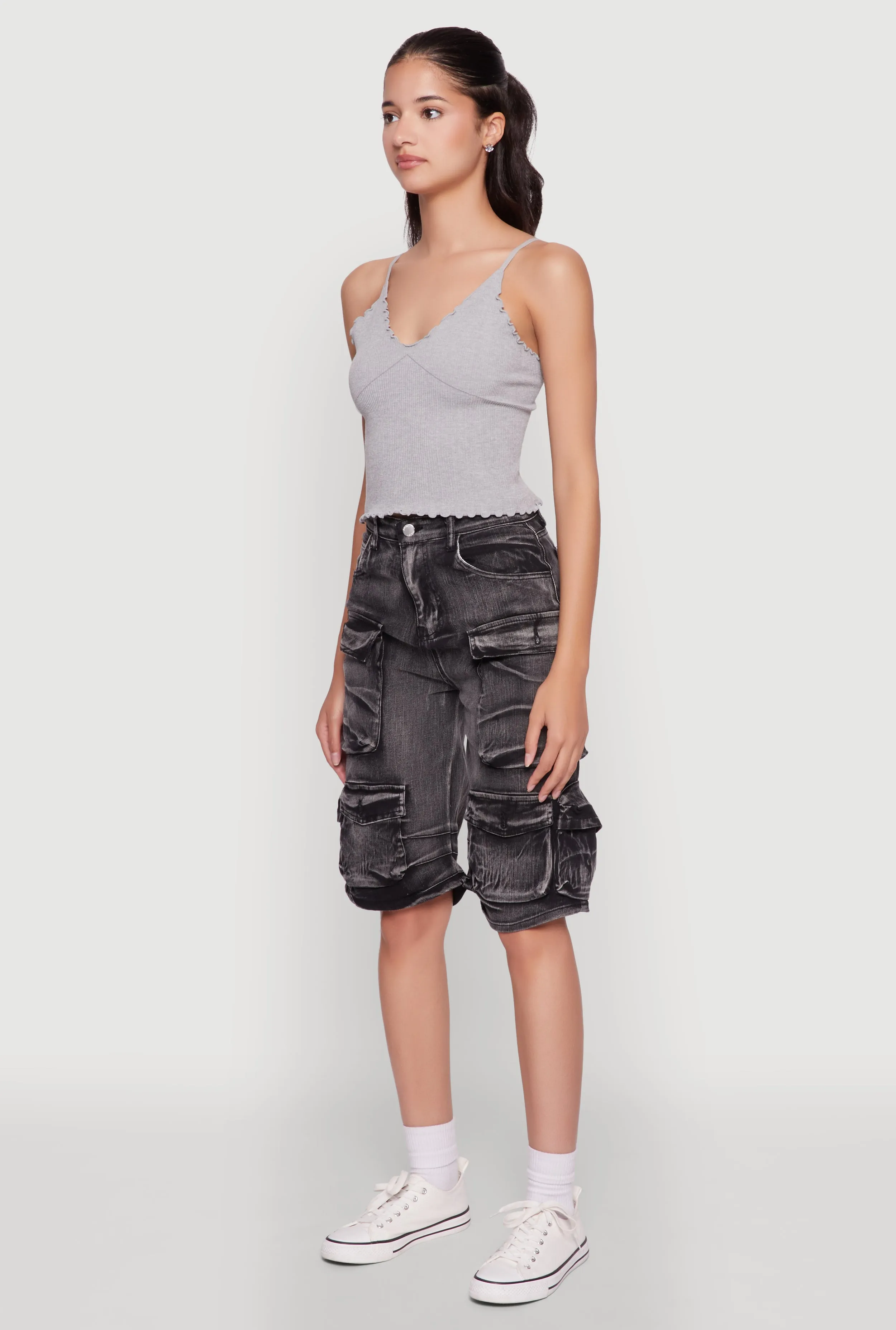 Daisy Trendy Mineral Wash High Waisted Denim Cargo Shorts sold by Rainbow product image thumbnail 3