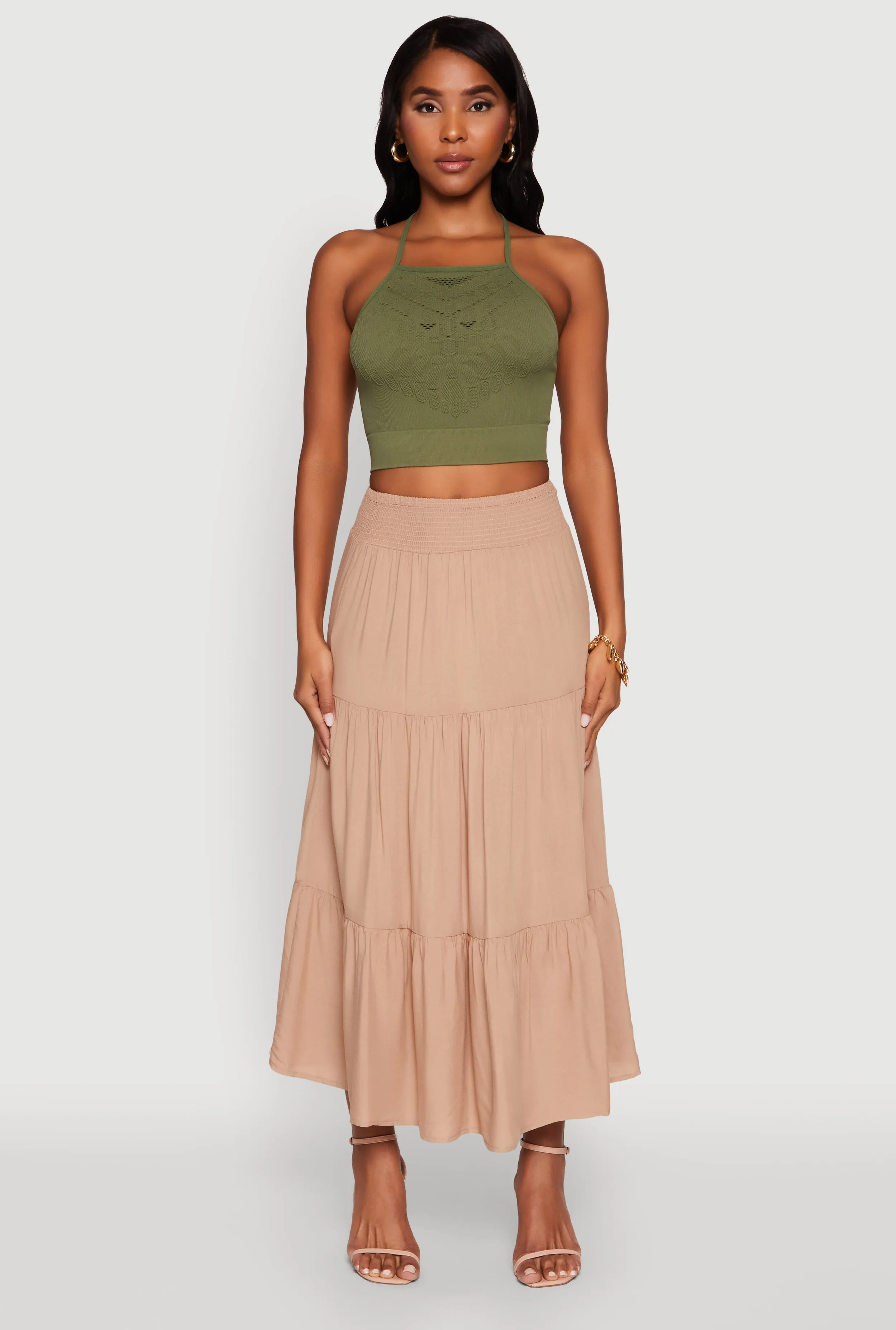 Trendy Smocked High Waist Tiered Midi Skirt sold by Rainbow