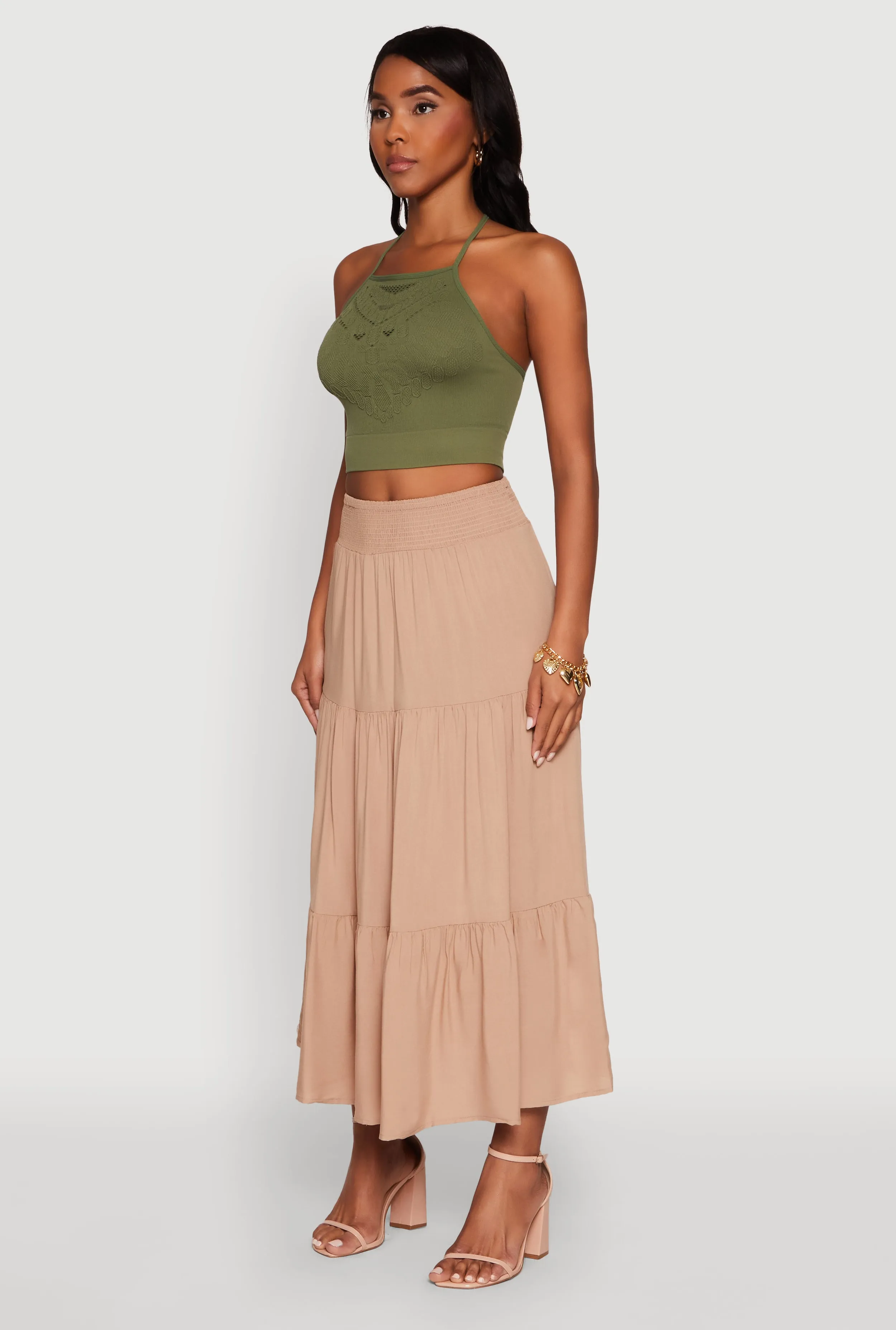 Trendy Smocked High Waist Tiered Midi Skirt sold by Rainbow product image thumbnail 3