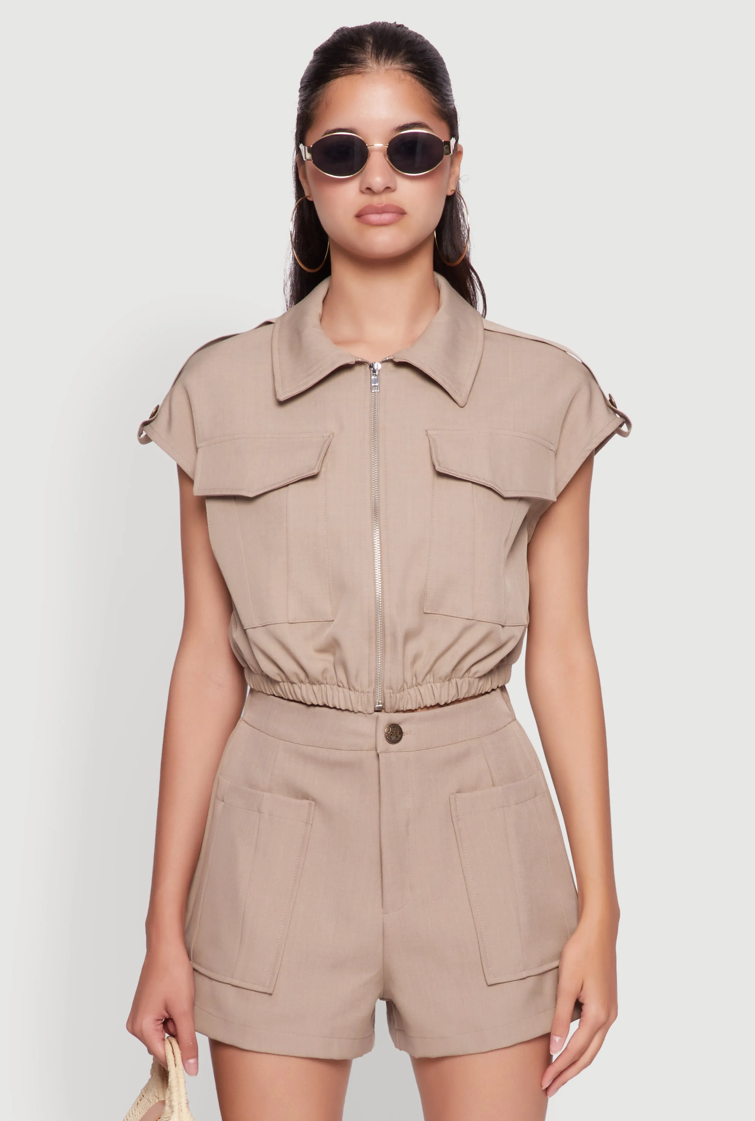 Chic Twill Cropped Jacket with Cargo Pockets and Zippers sold by Rainbow