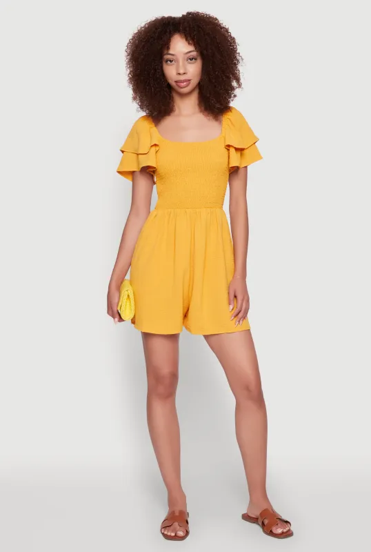 Chic Tiered Ruffle Sleeve Smocked Crepe Knit Romper sold by Rainbow
