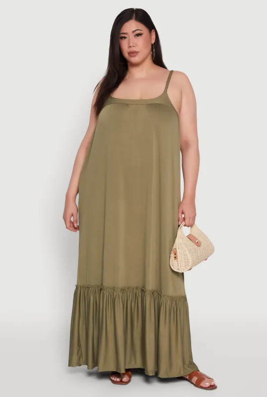 Plus Size Crepe Knit Cami Dress with Flounce Hem and Braided Straps sold by Rainbow
