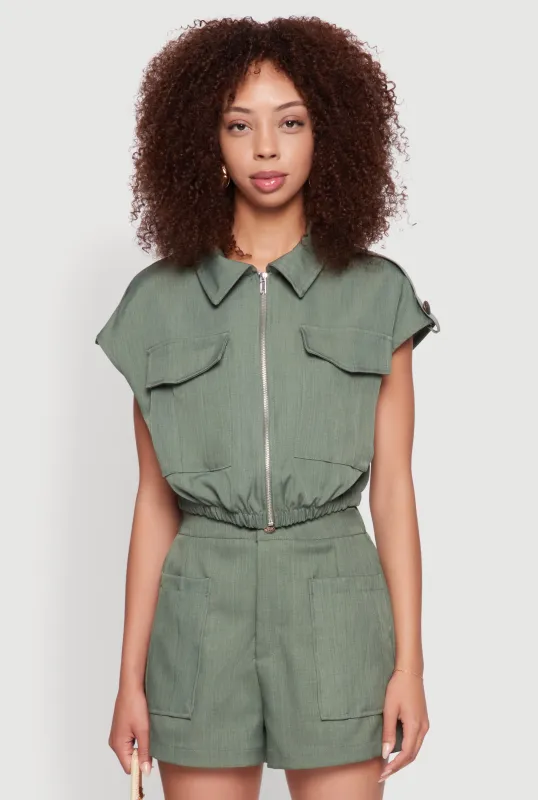 Chic Twill Cropped Jacket with Cargo Pockets and Zippers sold by Rainbow