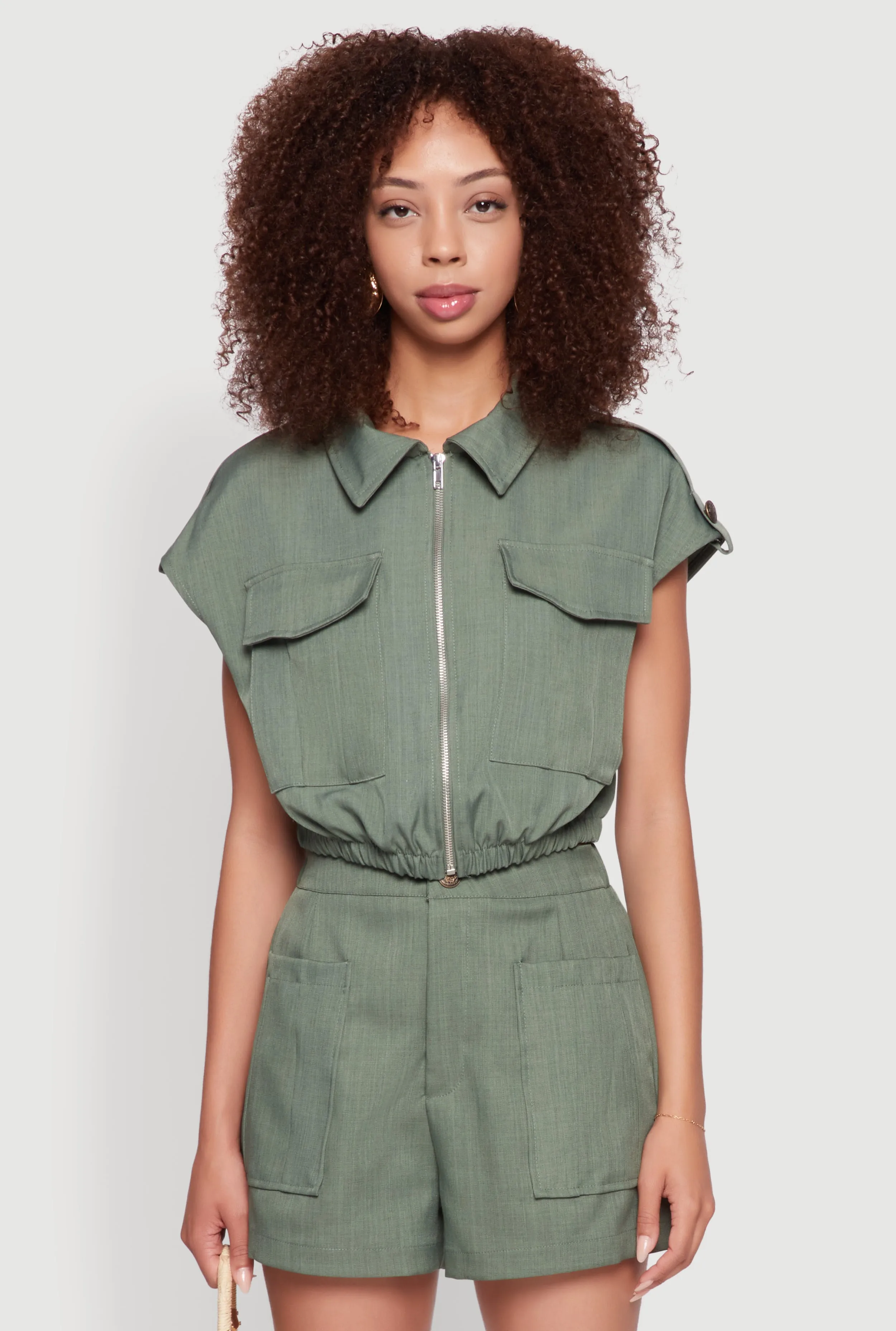 Chic Twill Cropped Jacket with Cargo Pockets and Zippers sold by Rainbow