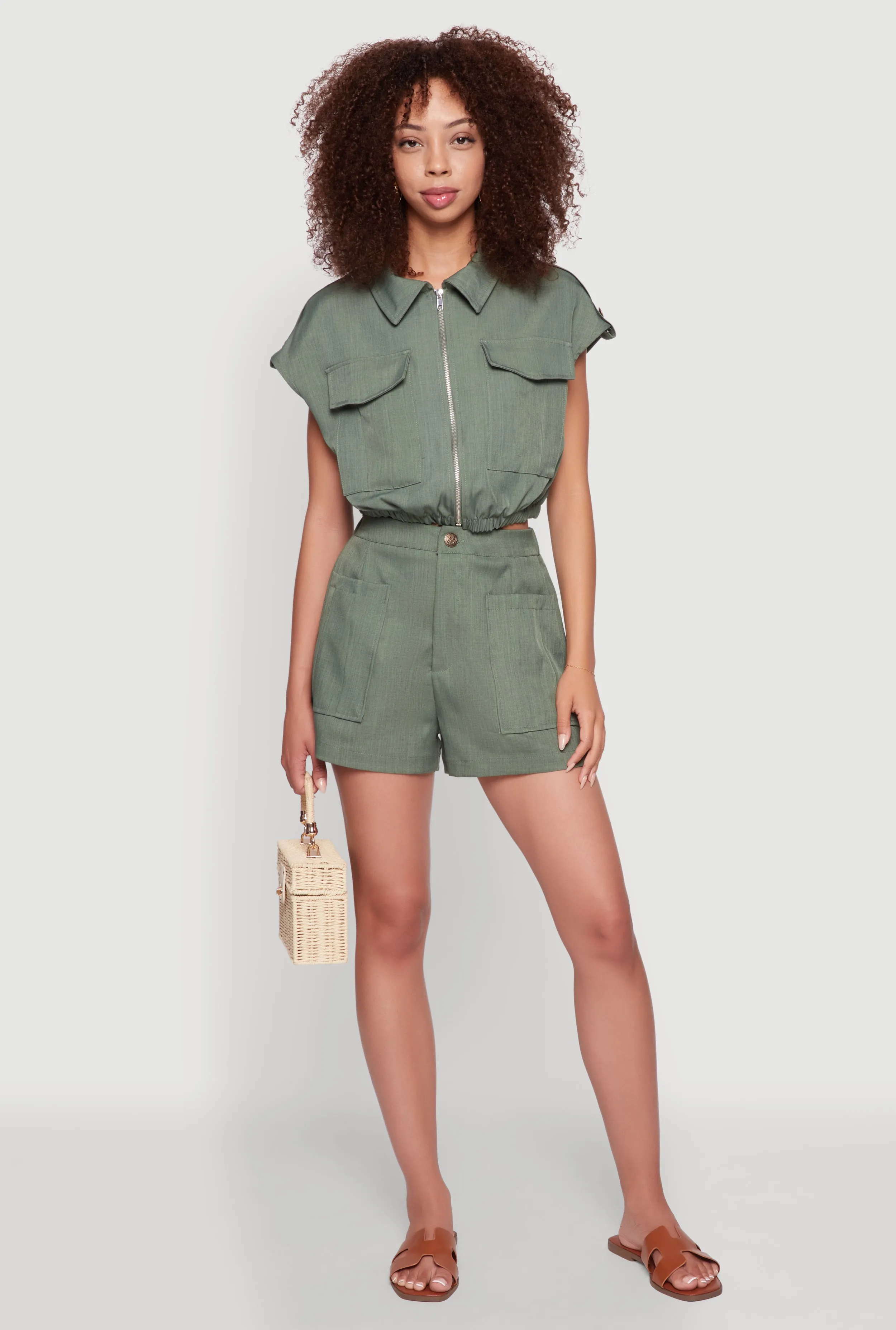 Chic Twill Cropped Jacket with Cargo Pockets and Zippers sold by Rainbow product image thumbnail 2