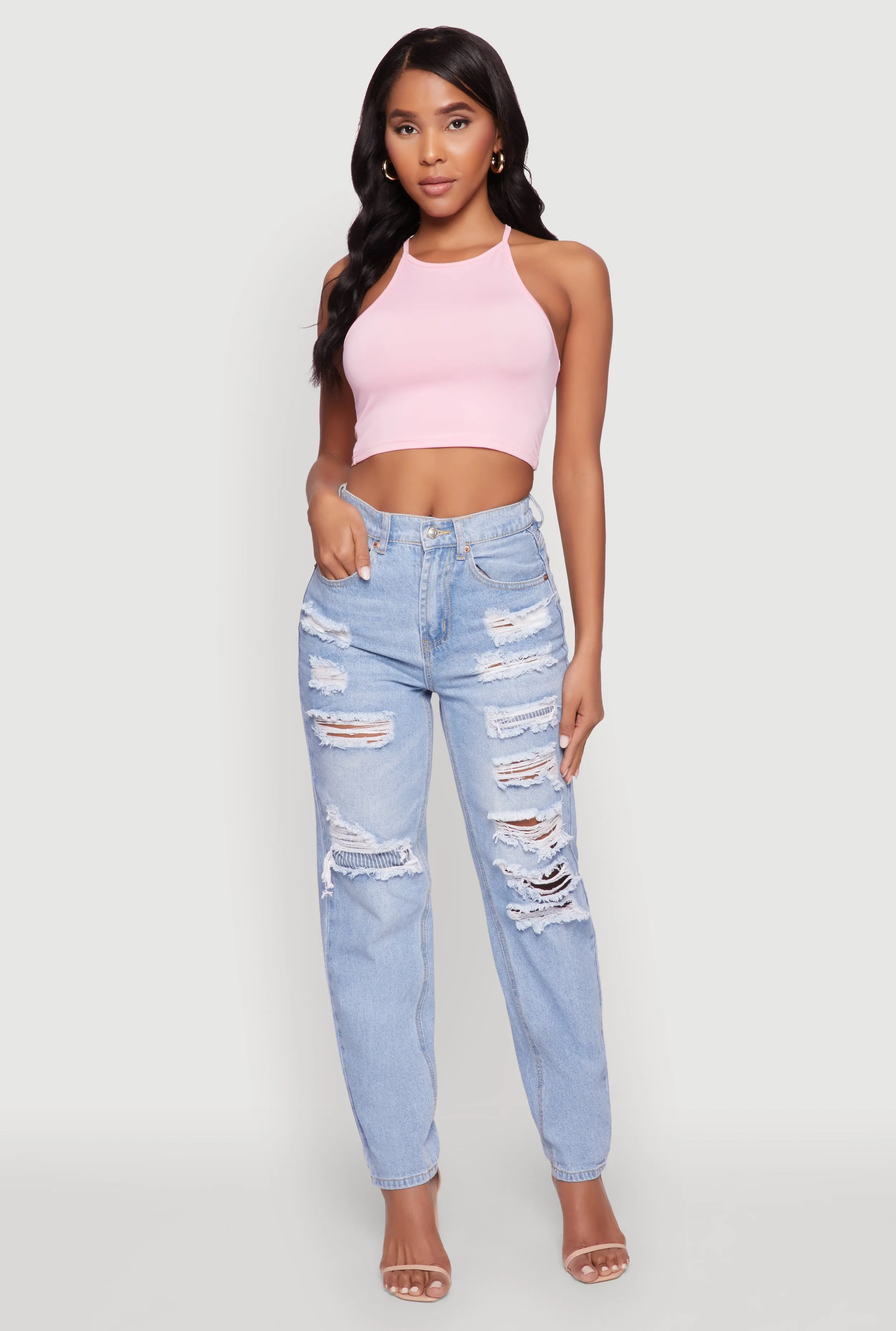 WAX Slim Leg Striped Patch Distressed Denim Jeans sold by Rainbow