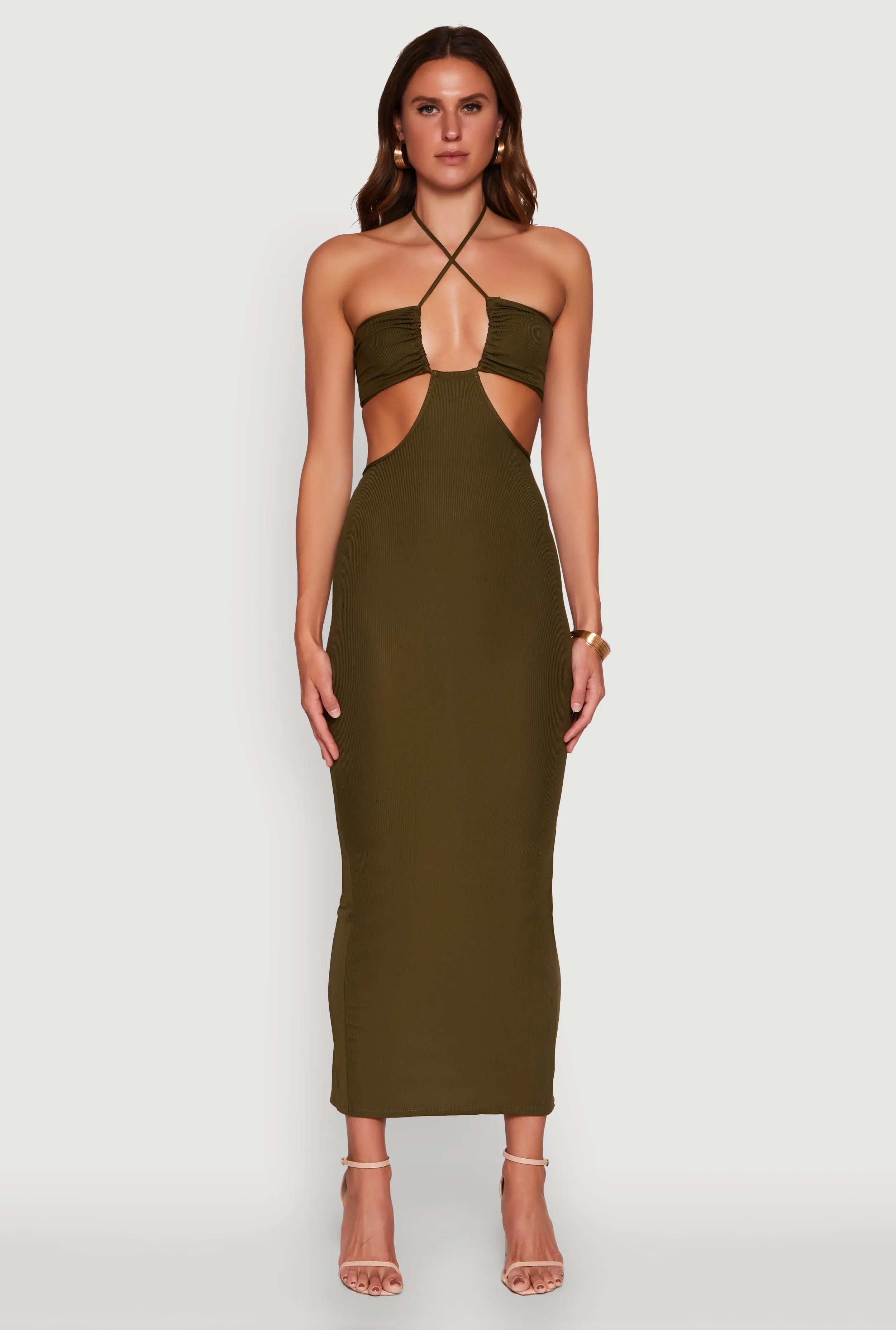 Stylish Ribbed Knit Keyhole Halter Sundress sold by Rainbow