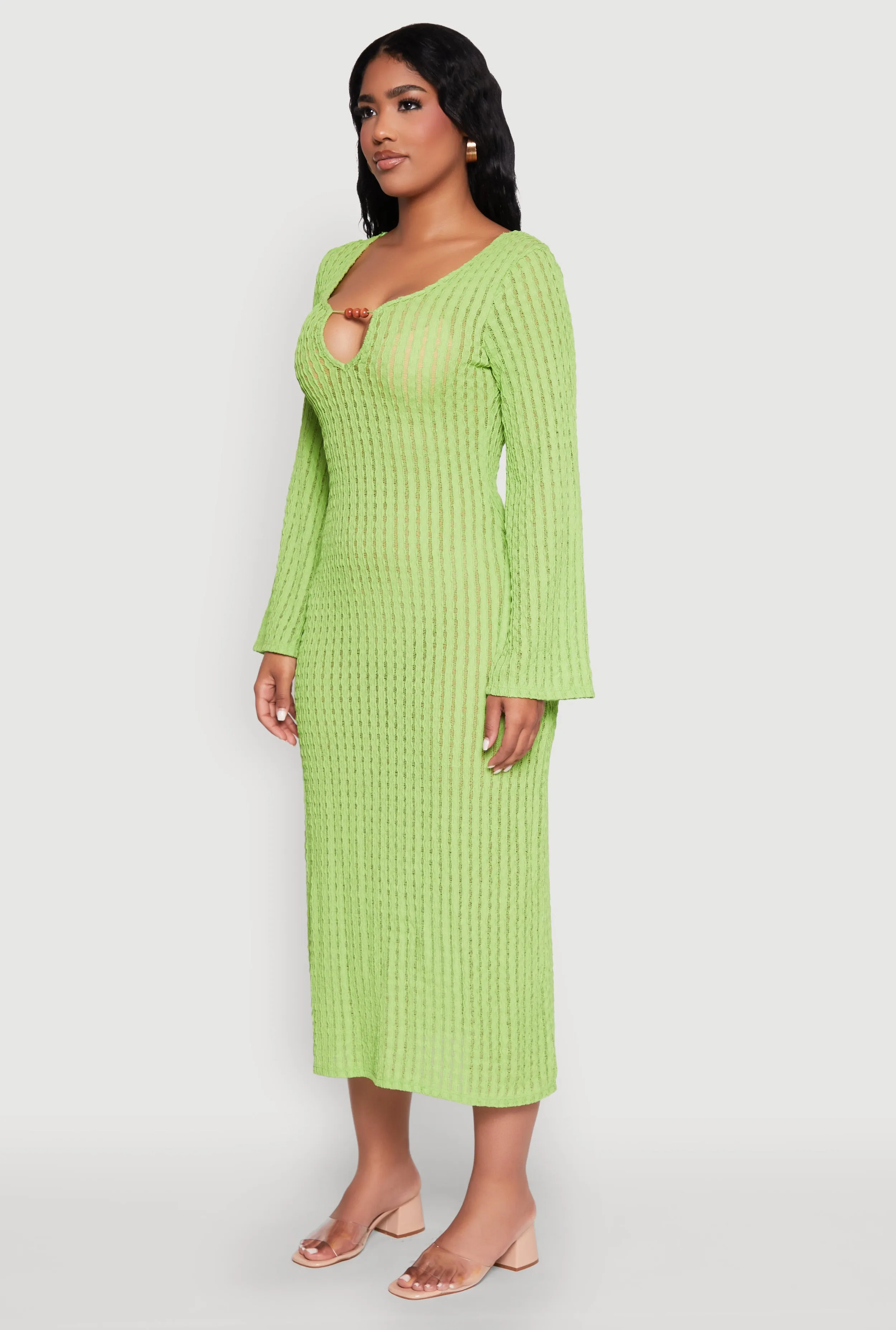 Textured Knit Beaded Keyhole Shadow Stripe Dress sold by Rainbow product image thumbnail 3