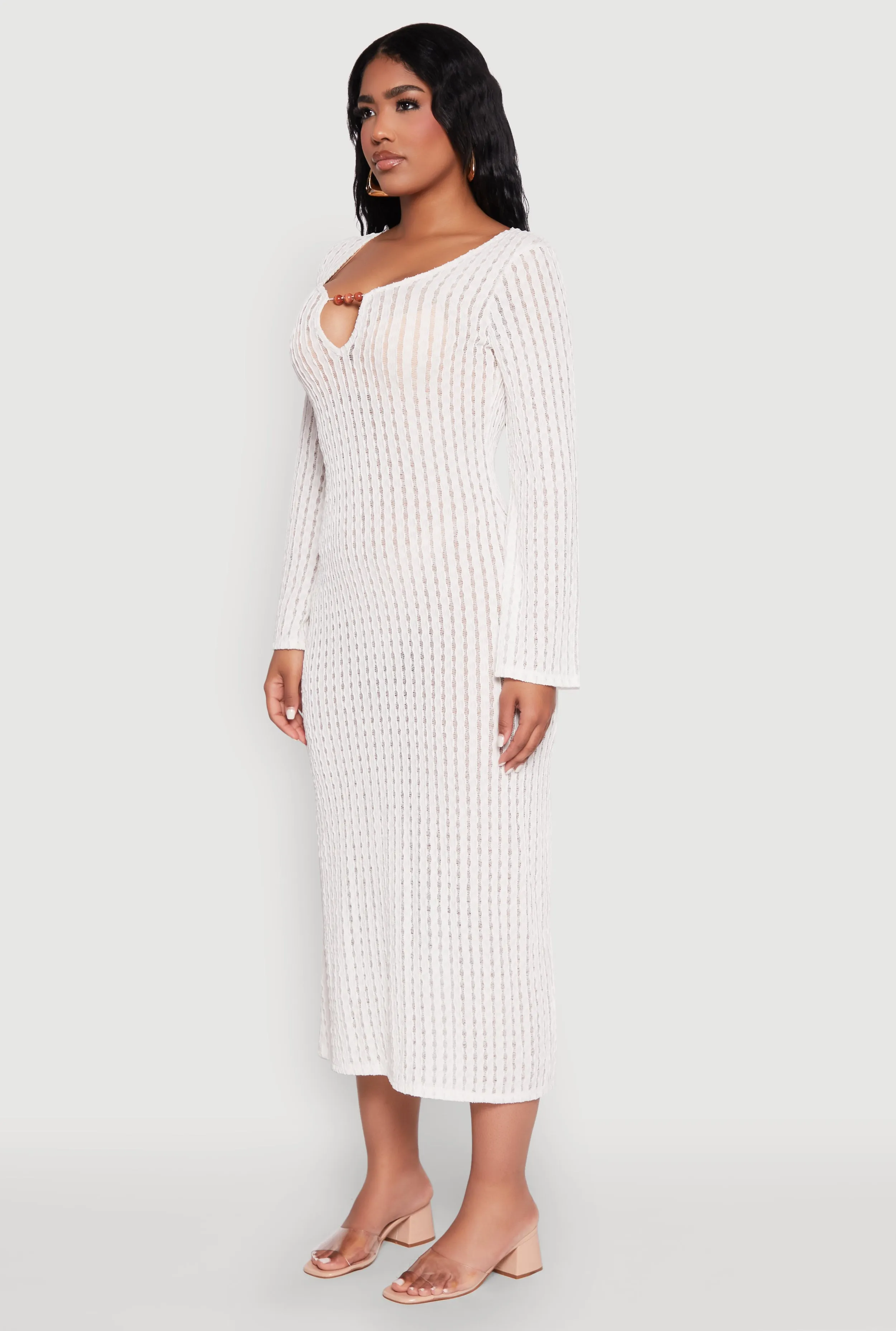 Textured Knit Beaded Keyhole Shadow Stripe Dress sold by Rainbow product image thumbnail 3