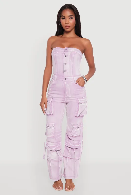 Daisy Denim Strapless Flare Jumpsuit with Cargo Pockets sold by Rainbow