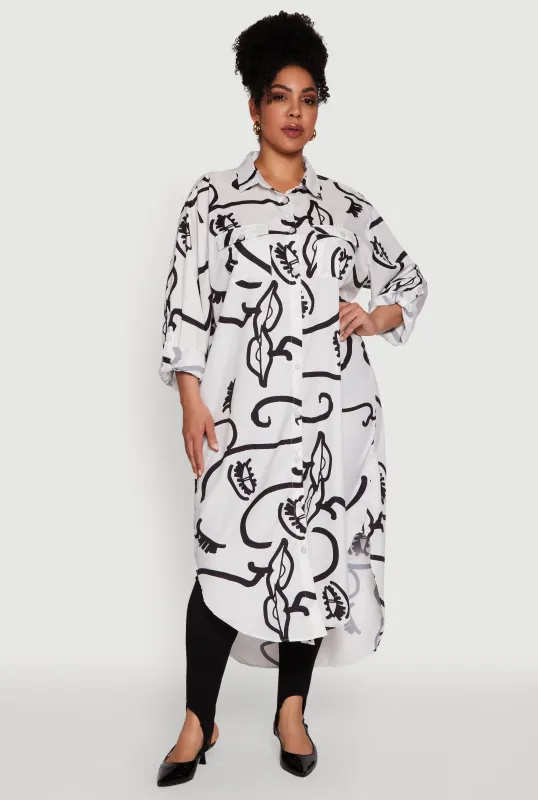 Plus Size Chic Face Print Long Sleeve Maxi Shirt sold by Rainbow