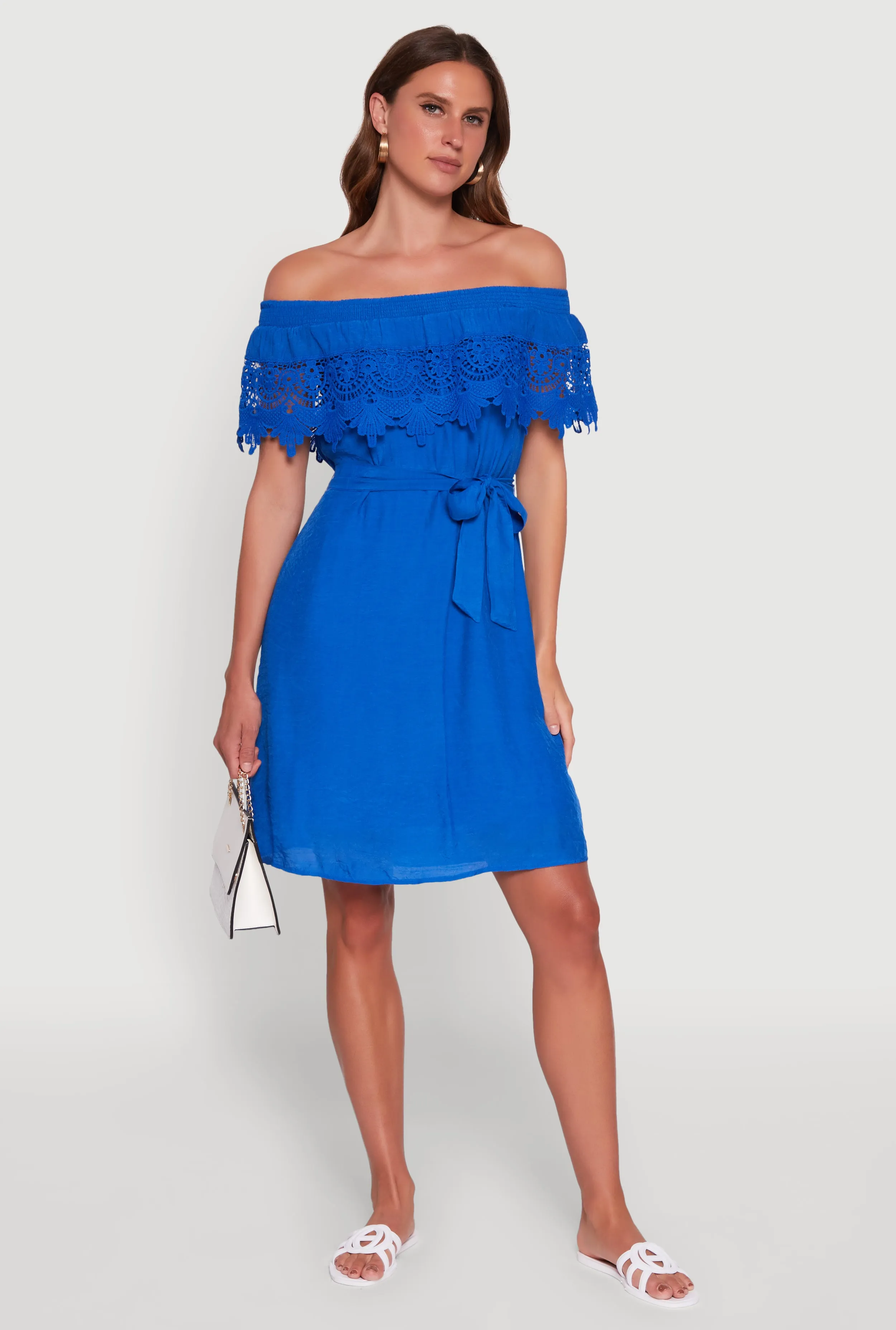 Chic Off the Shoulder Crochet Sundress with Tie Waist Belt sold by Rainbow