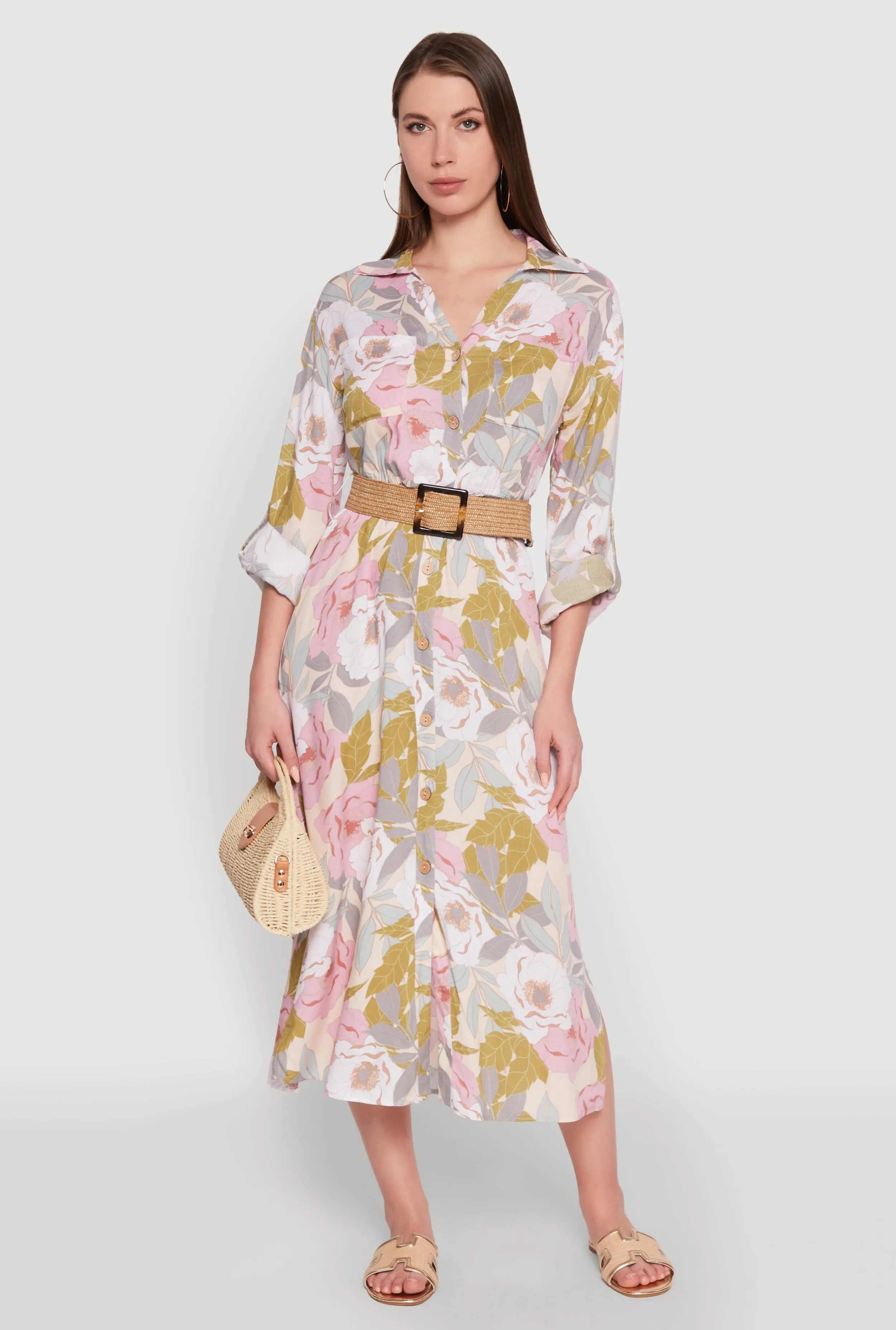Floral Button Front Belted Shirt Dress sold by Rainbow product image thumbnail 2