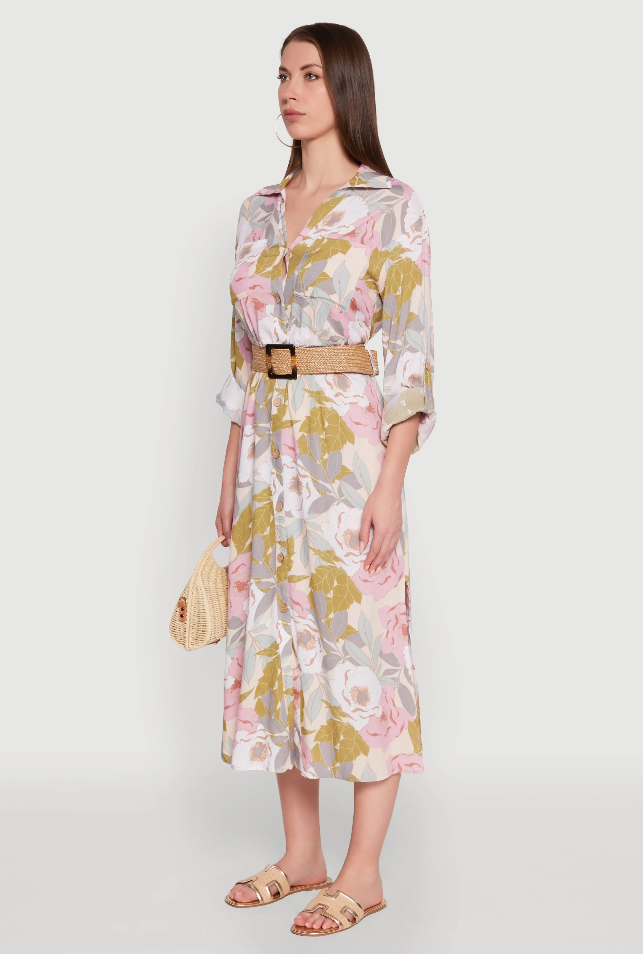 Floral Button Front Belted Shirt Dress sold by Rainbow product image thumbnail 3