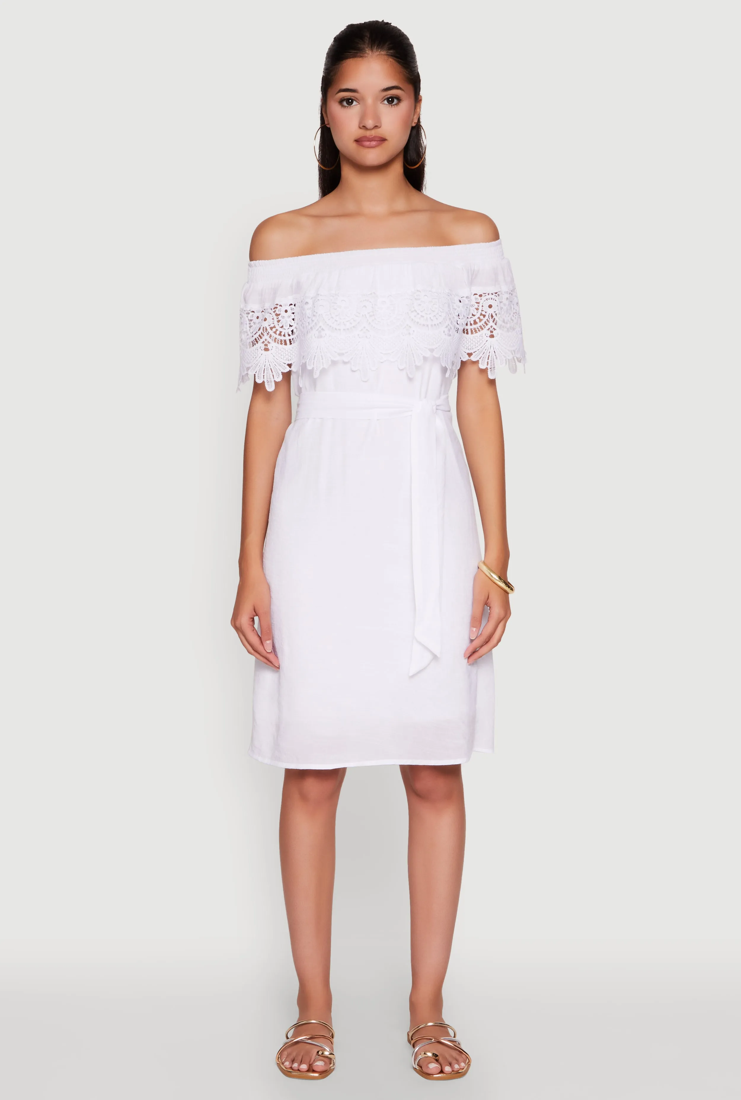 Chic Off the Shoulder Crochet Sundress with Tie Waist Belt sold by Rainbow