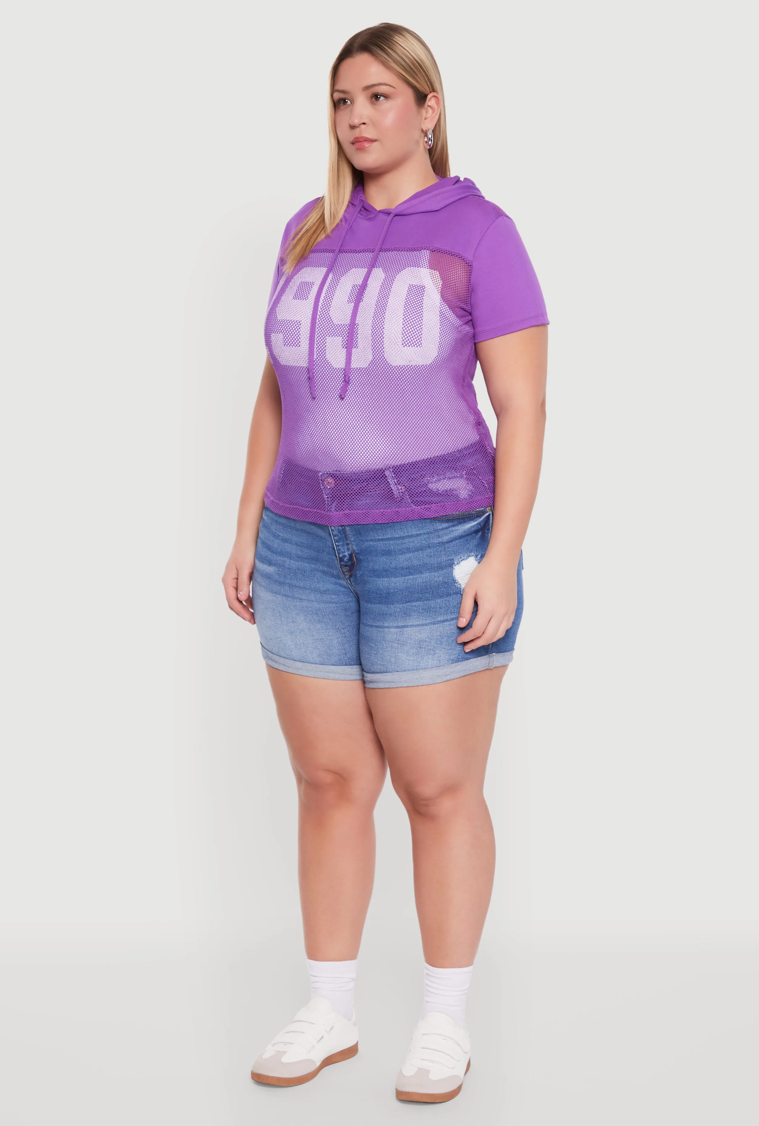 Plus Size 1990 Graphic Hooded Short Sleeve Fishnet Top sold by Rainbow product image thumbnail 5