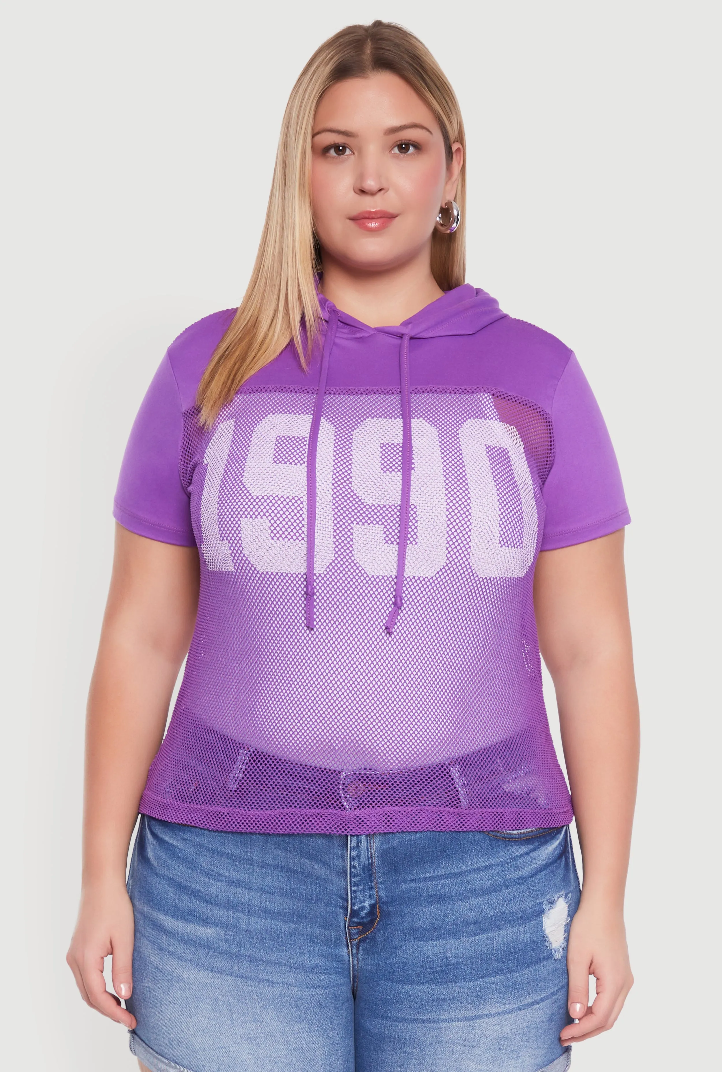 Plus Size 1990 Graphic Hooded Short Sleeve Fishnet Top sold by Rainbow product image thumbnail 2